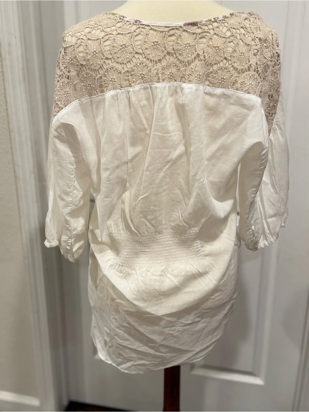 Free People Cream Boho Peasant Tunic with Floral Trim